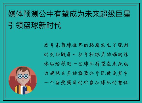 媒体预测公牛有望成为未来超级巨星引领篮球新时代