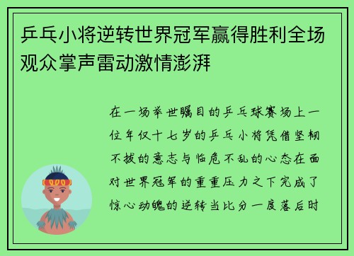 乒乓小将逆转世界冠军赢得胜利全场观众掌声雷动激情澎湃
